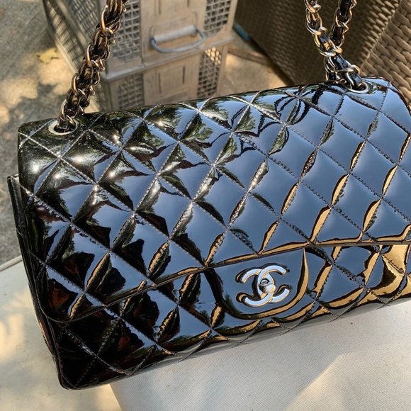 Chanel Classic Quilted Double Flap Black Patent Leather Jumbo Bag - Picture 11 of 17